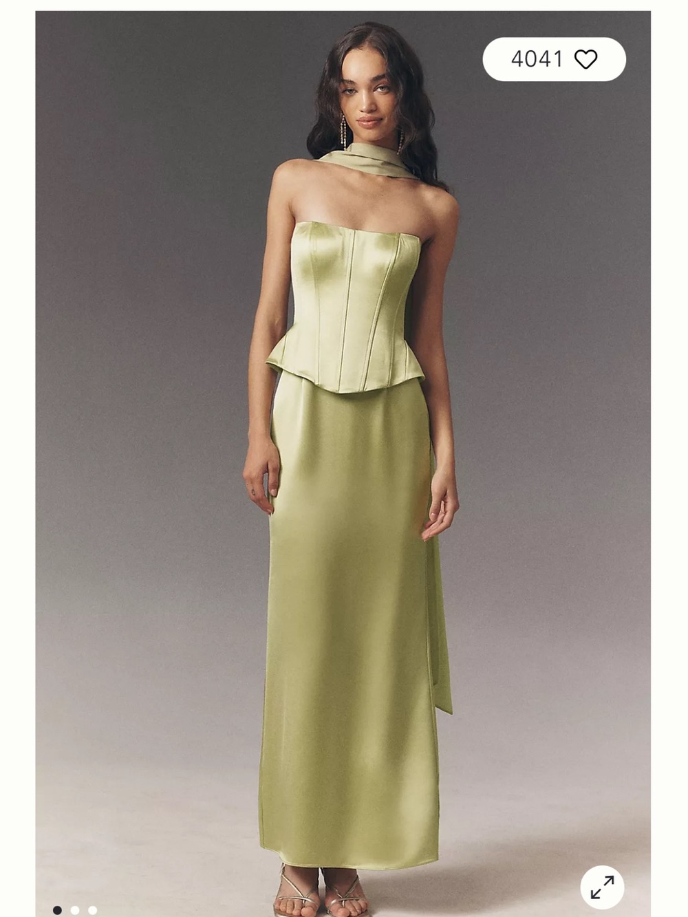 Anthropologie Olive Satin Strapless Corset Dress with Neck Scarf